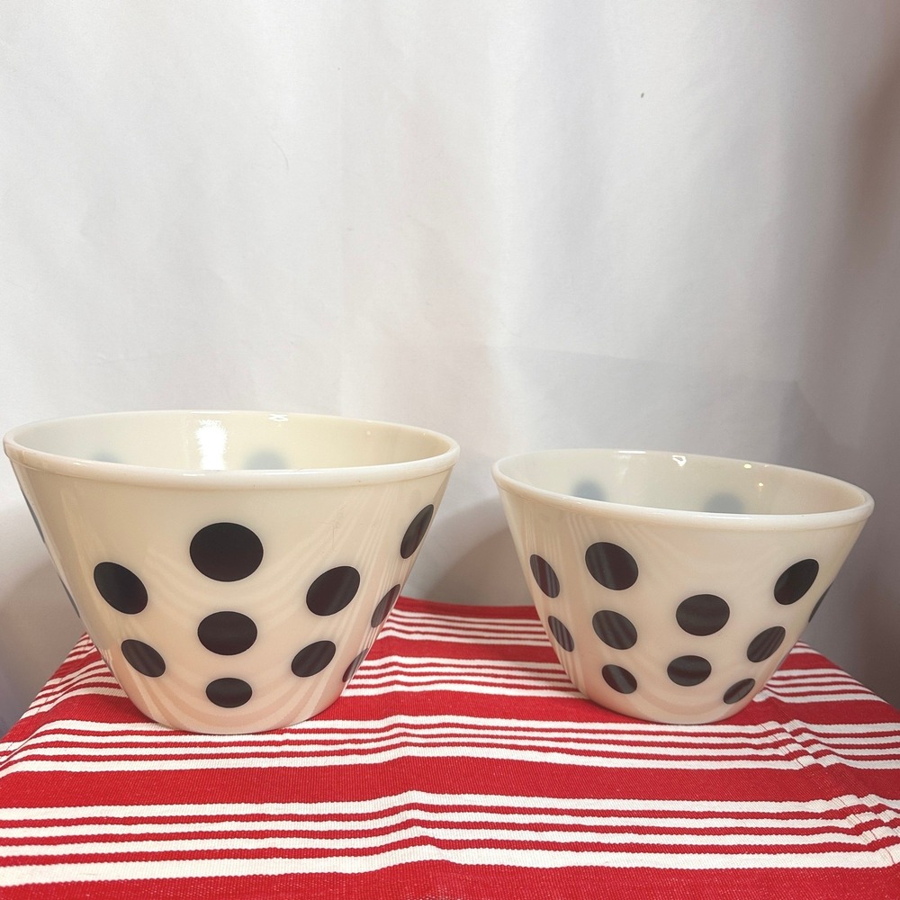 RARE FIRE KING MCM Vintage Milk Glass Black Polka Dot Mixing Bowl Set Large Med
